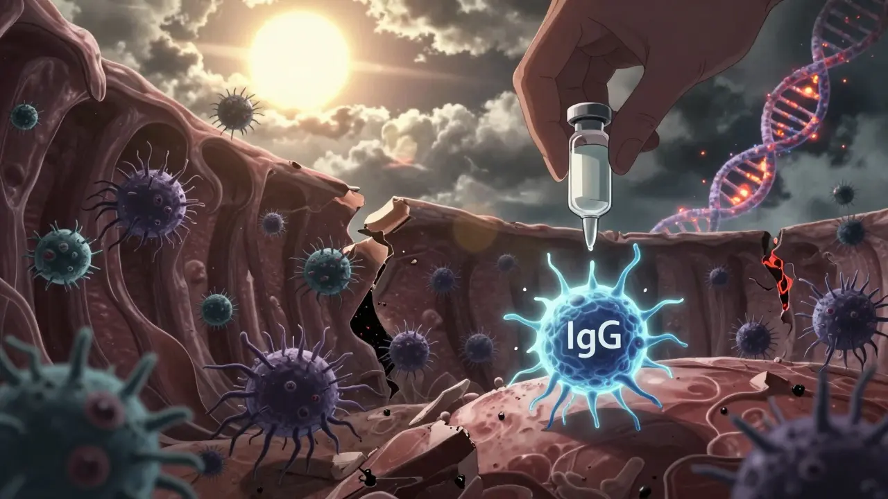 A surreal battle inside the body where a single plasma cell defends against infections as therapy arrives like a shield.