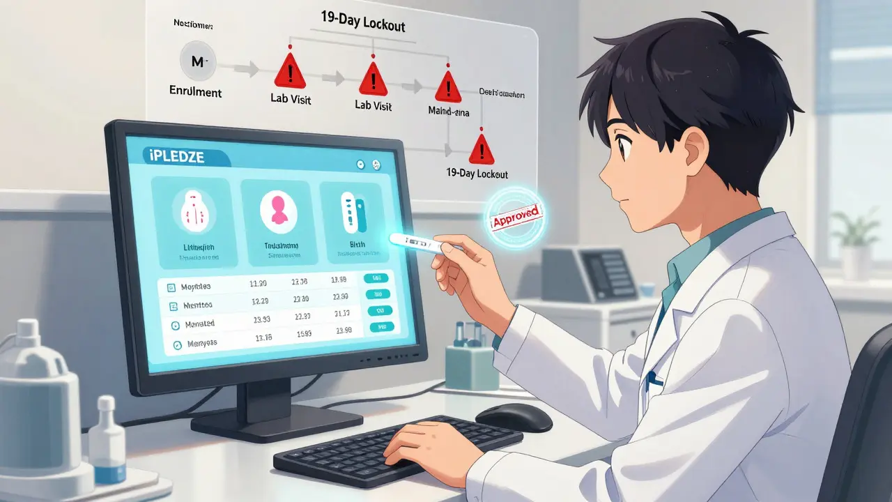 Dermatologist reviewing a glowing iPLEDGE dashboard showing patient compliance icons, with outdated steps marked in red.