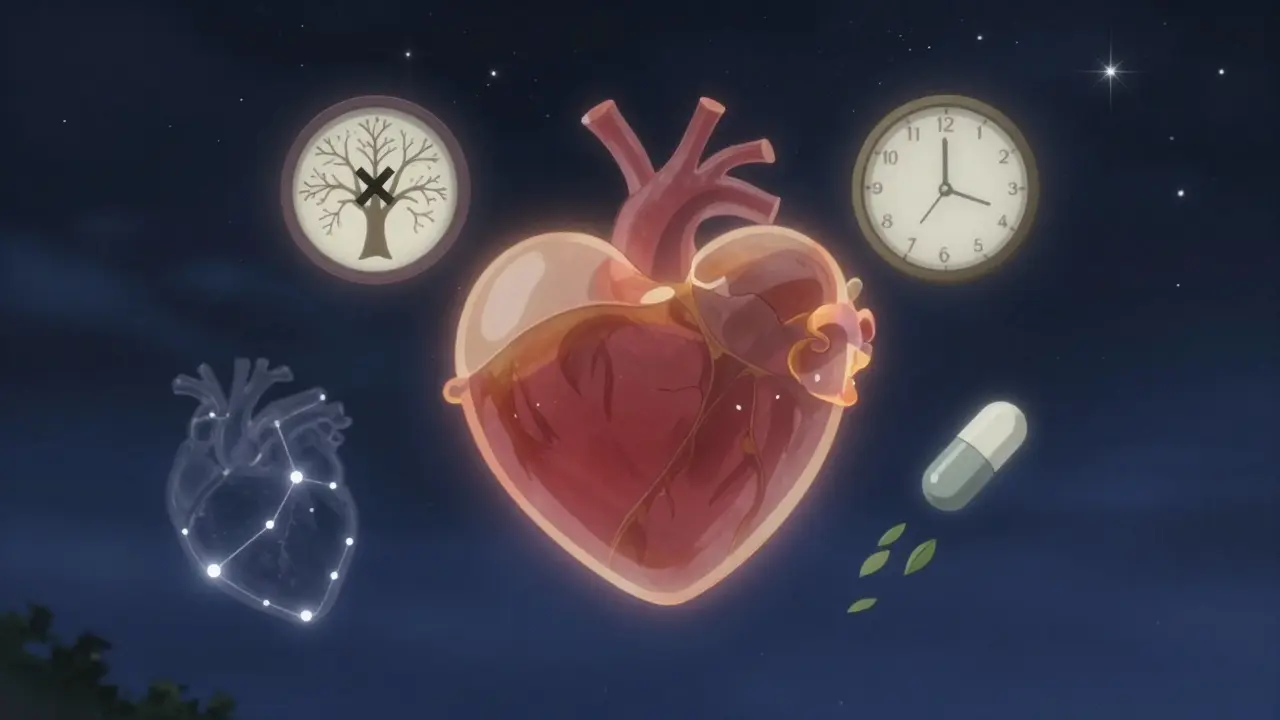 Floating heart with symbols of family history, time, and medication dissolving into leaves under starry sky.