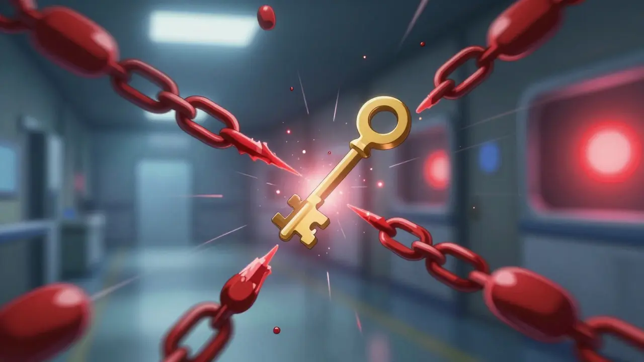 Golden molecular keys neutralizing red drug chains