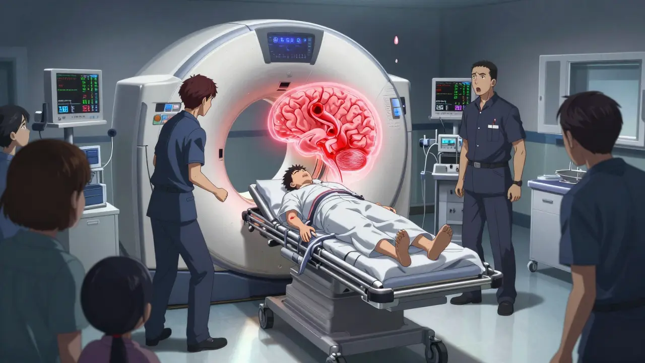 Patient in ER being scanned by CT machine, glowing red brain hemorrhage visible, medical team in urgent motion.