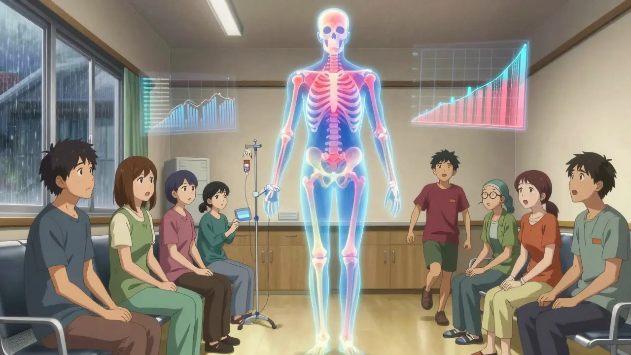 Patients in a clinic with a glowing skeleton showing areas of weak and strong bone density.