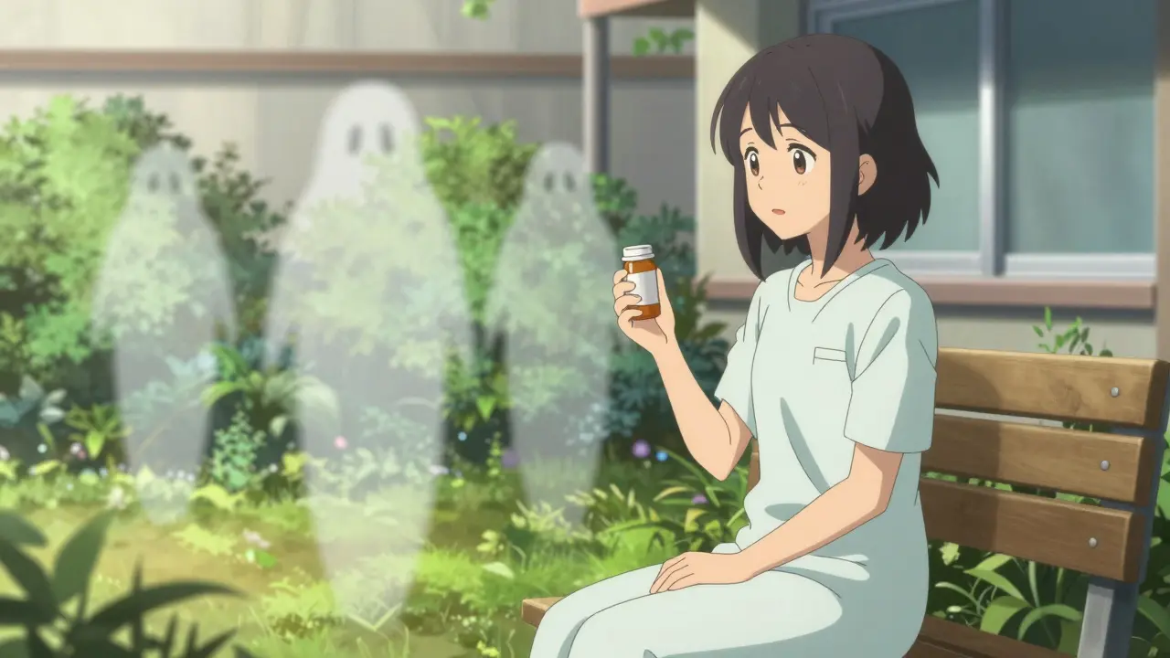Peaceful anime character sitting in a garden holding a medicine bottle under sunlight.