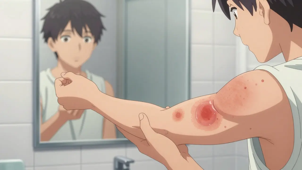 Person examining ringworm and candida rashes on arm in mirror