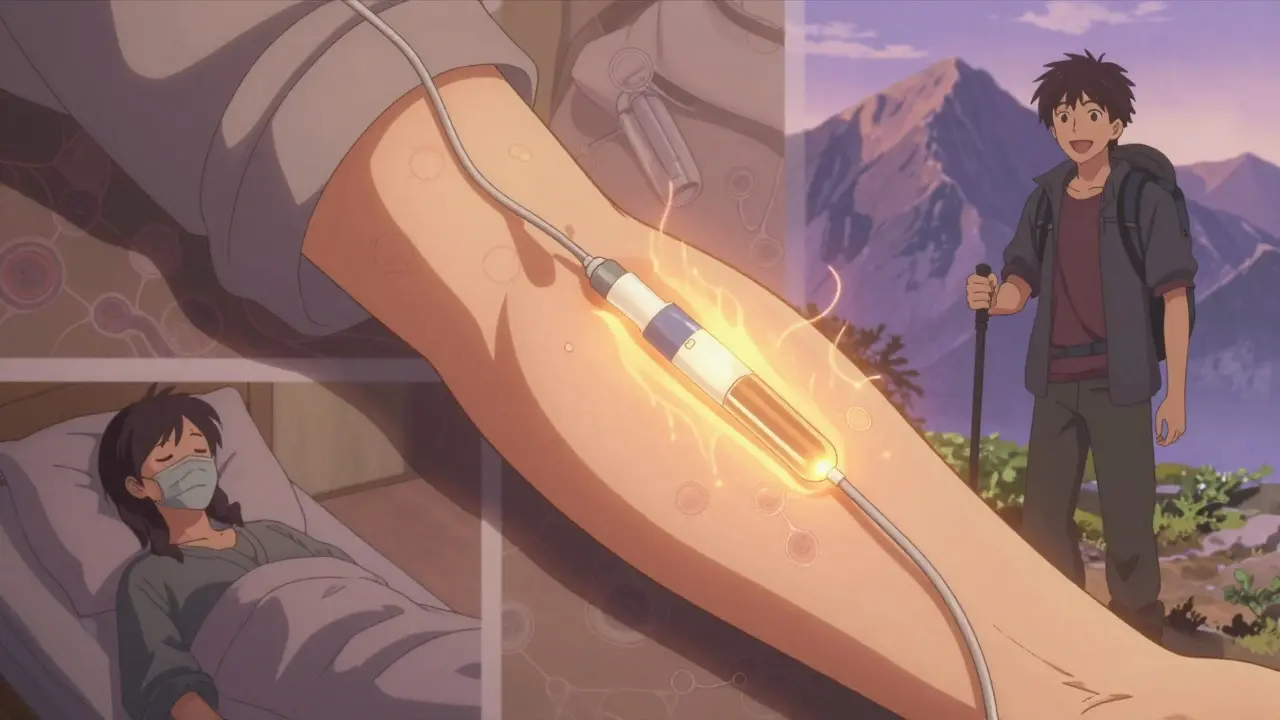 Someone self-administering immunoglobulin therapy at home, with visions of past illness and future health in the background.