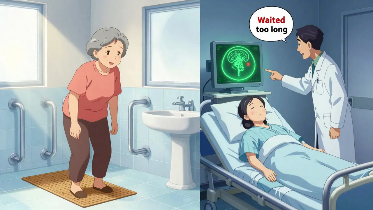 Split scene: elderly woman safely preparing home vs. hospital patient with brain bleed on CT scan.