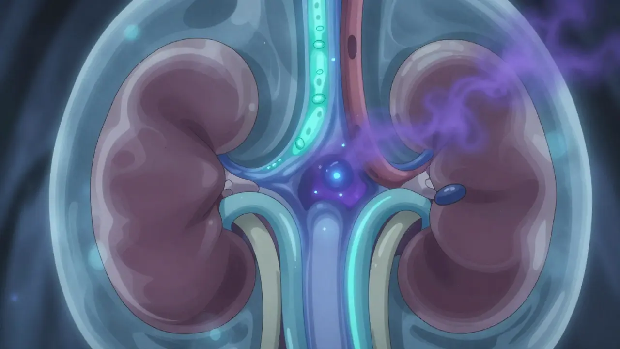 Stylized kidney organ filtering blood with warning mist