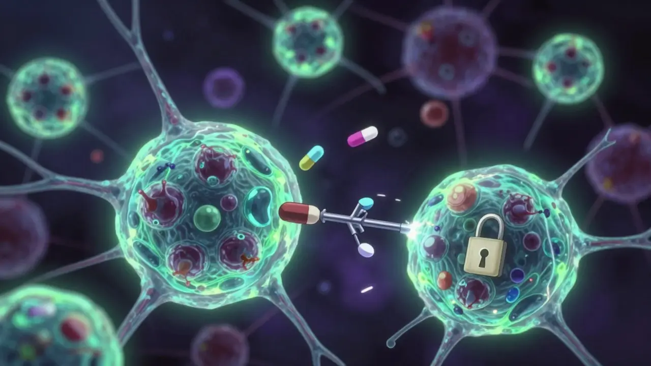 Stylized microscopic view of liver cells processing molecules with neon lighting.