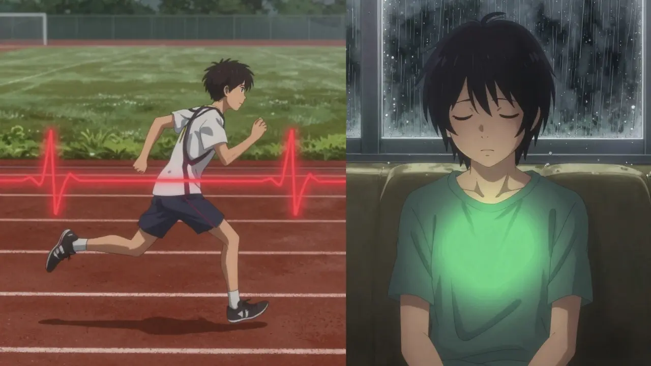 Teen running with irregular ECG trail versus calm at home with soothing green glow from non-stimulant medication.