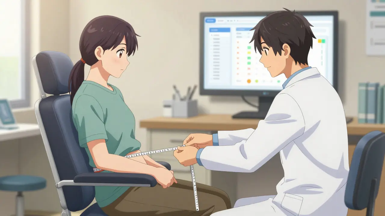 A doctor measuring a patient's progress in a modern, inclusive medical weight management office.