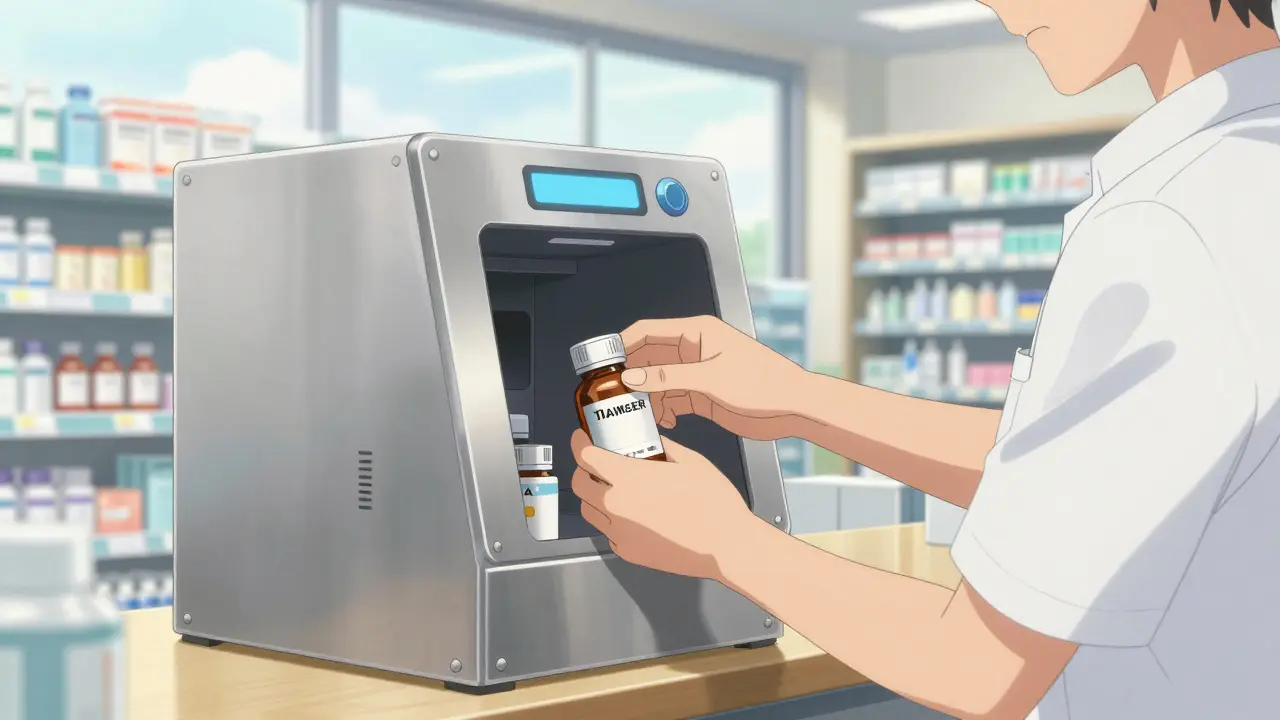 A person depositing old medication into a pharmacy take-back kiosk in anime style.