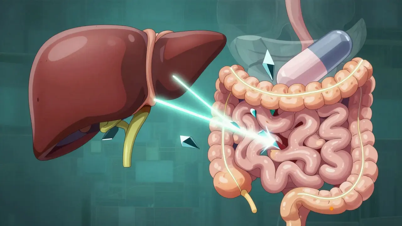 Anime depiction of antibiotics blocking enzymes in the liver and gut.