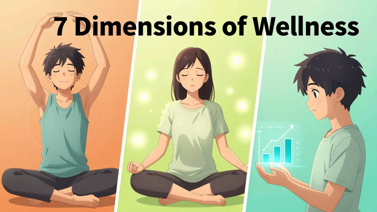 Anime montage showing various dimensions of wellness including fitness, mental health, and finance.