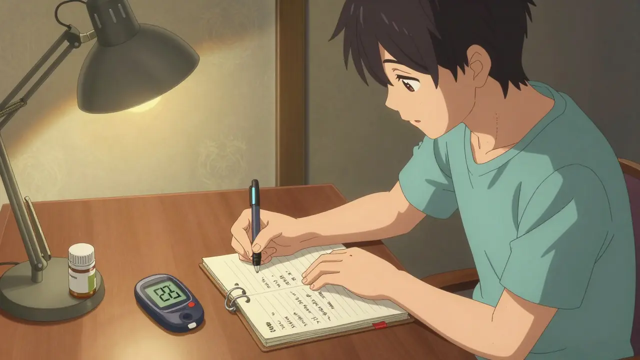 Anime scene of a person diligently logging their blood sugar levels during a medication transition.