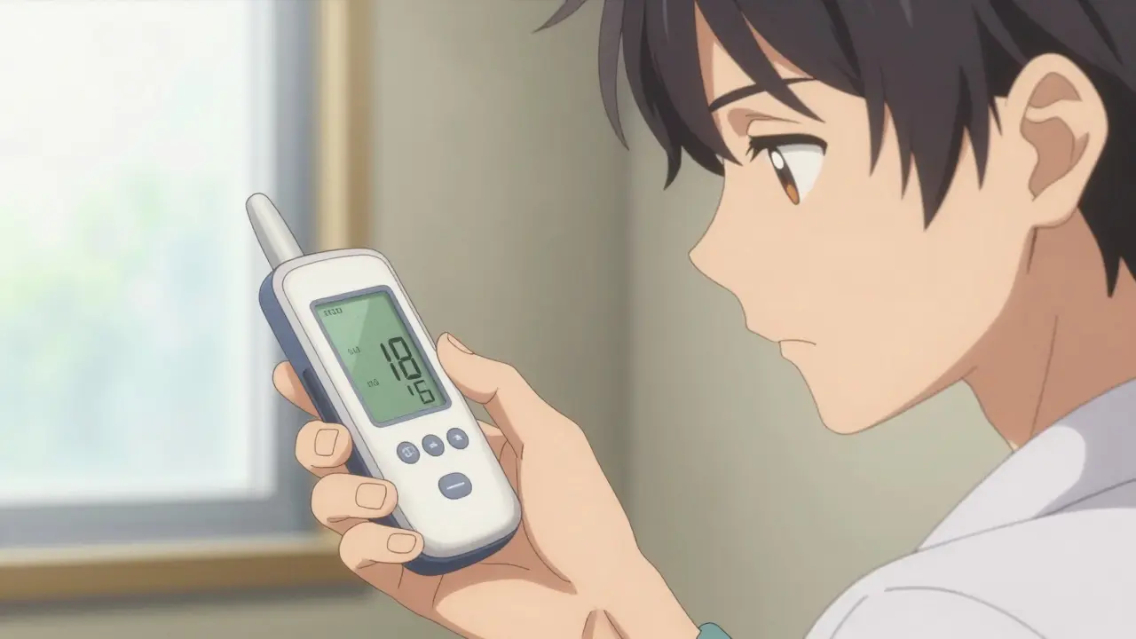 Anime scene of a person monitoring their health metrics with a medical device.
