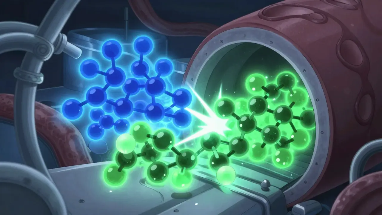 Anime scene showing two different drugs competing for a liver enzyme, causing a chemical bottleneck.