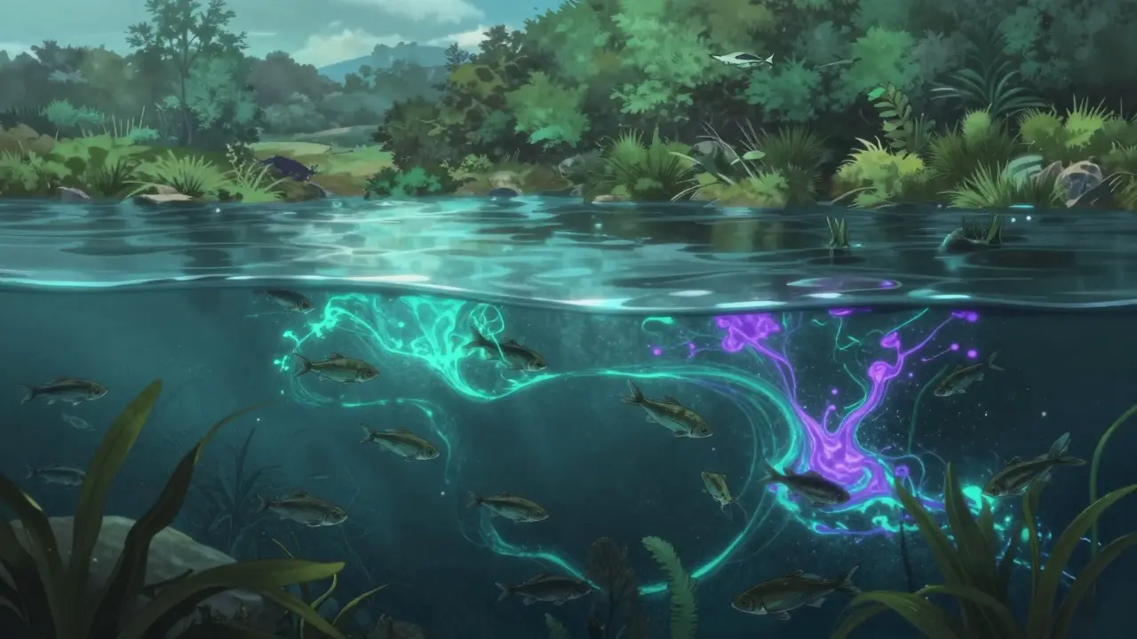 Chemical pollution swirls in a river affecting aquatic wildlife