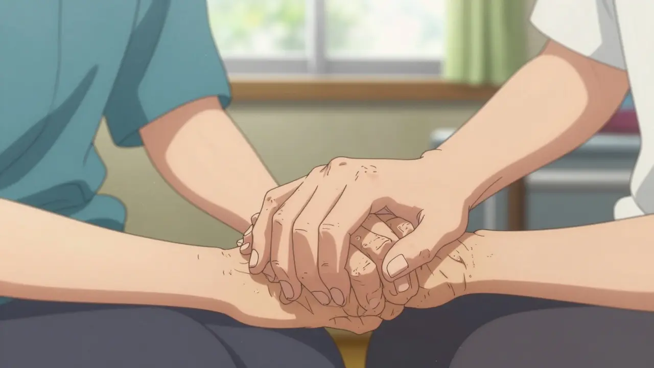 Close-up of a caregiver holding an elderly patient's hand in anime style