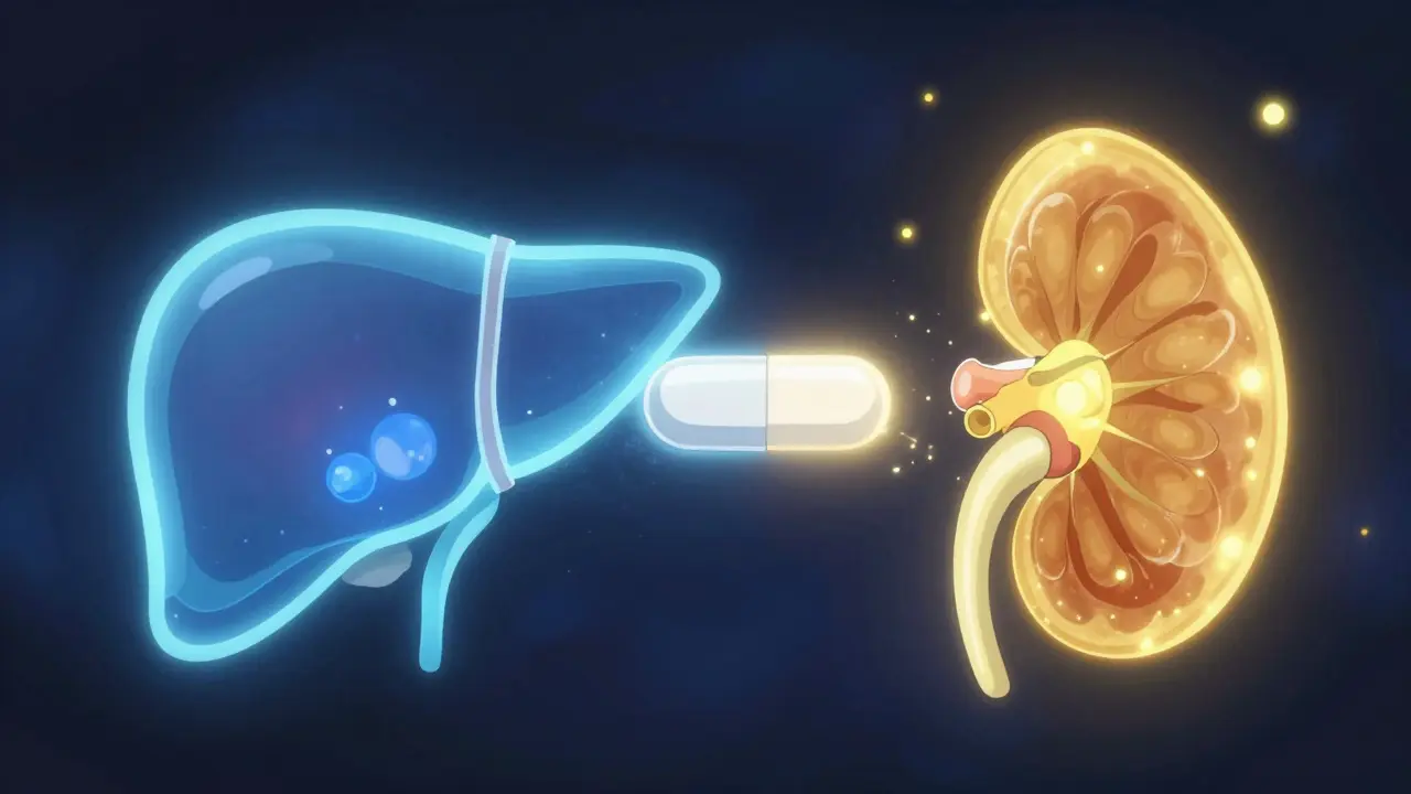Conceptual anime art showing the synergistic effect of combined diabetes medications on the liver and kidneys.