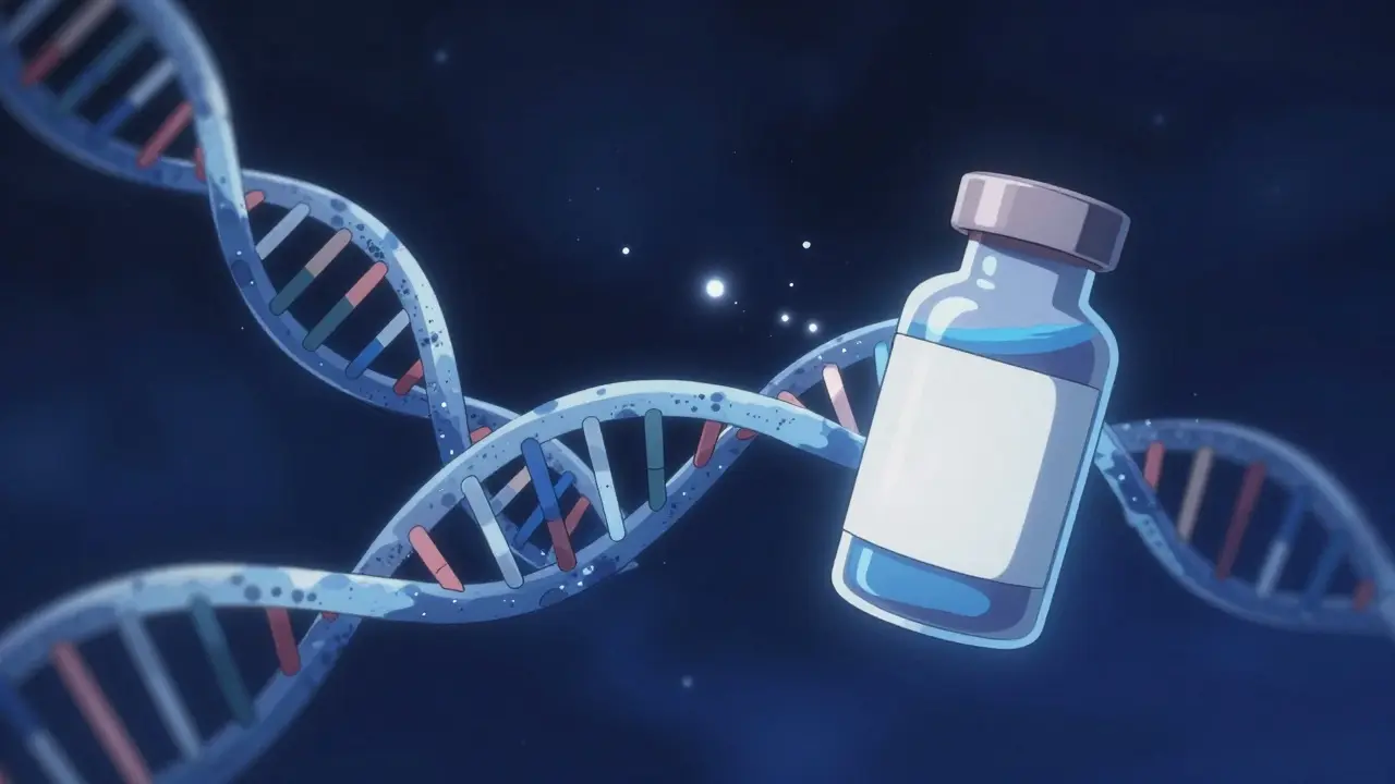 Conceptual art of a DNA helix swirling around a medicine bottle.