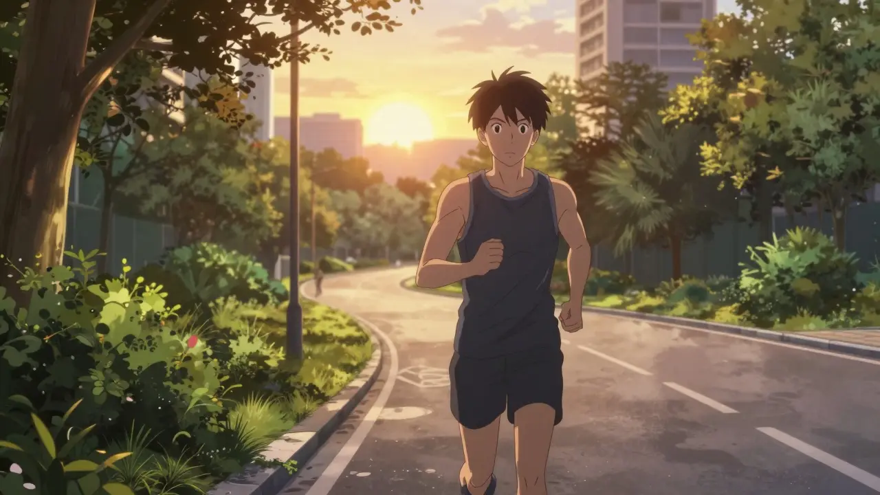 Determined person jogging in a park during sunset, symbolizing a healthy lifestyle.