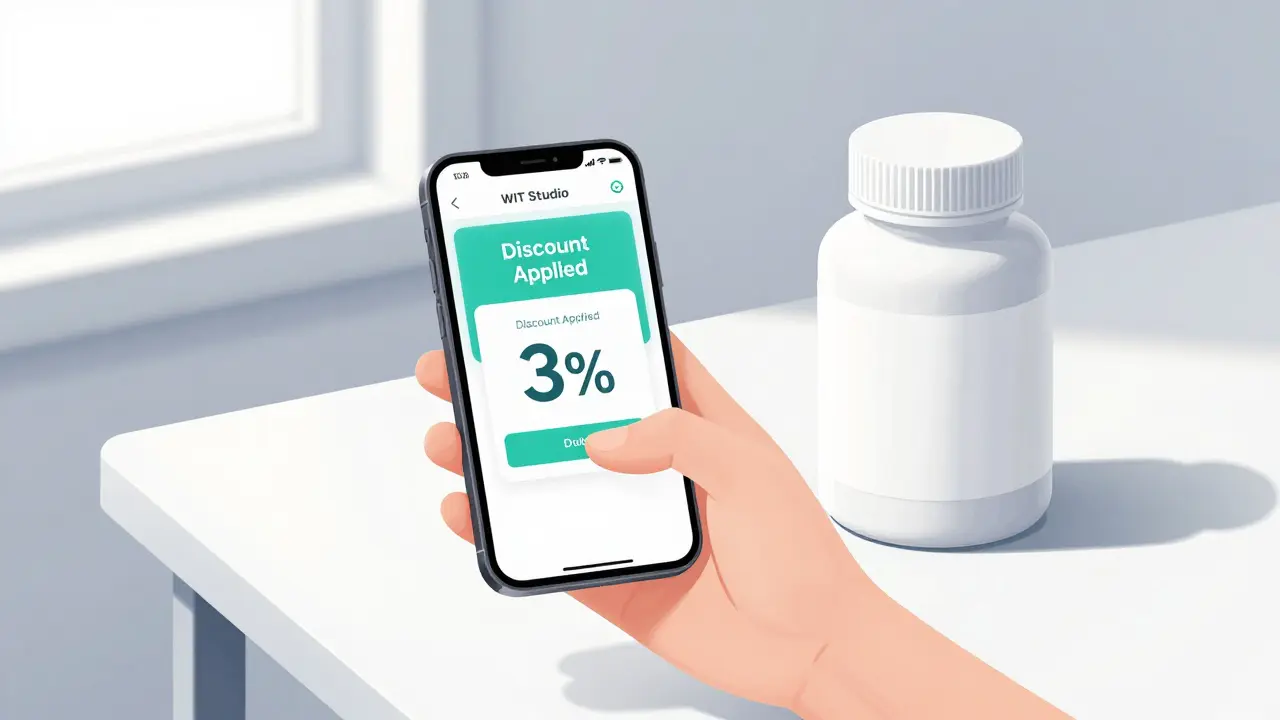 Hand using a discount app next to a generic medication bottle