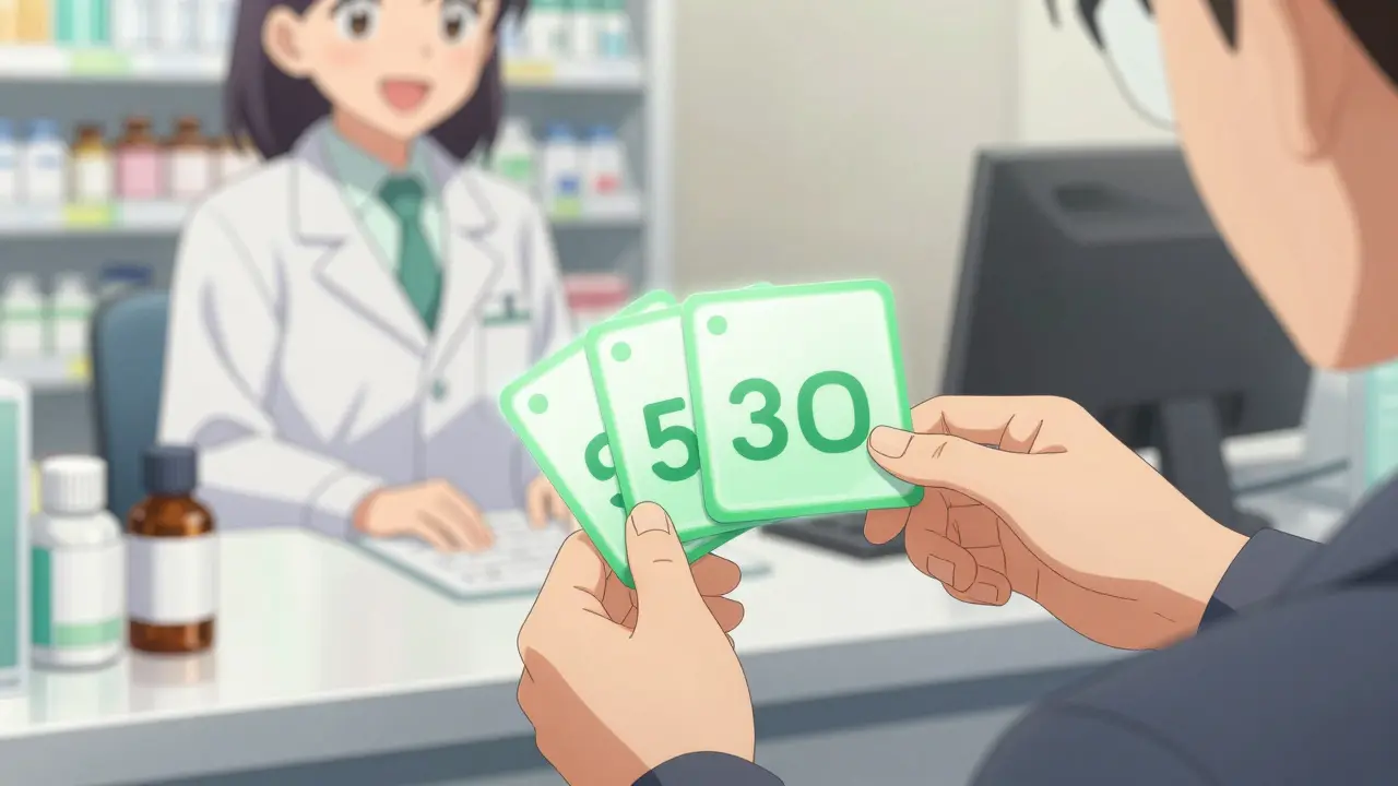 Hands placing glowing discount cards on a pharmacy counter in anime style
