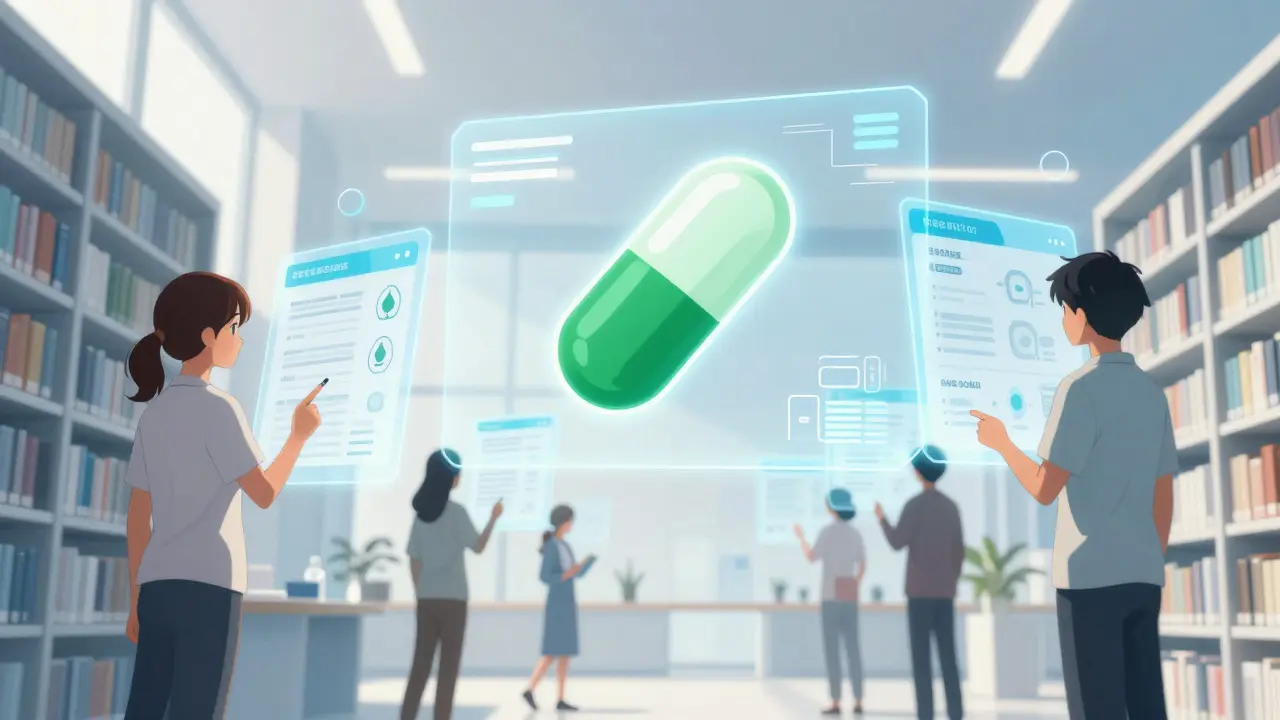 People using holographic health information screens with a green pill icon.