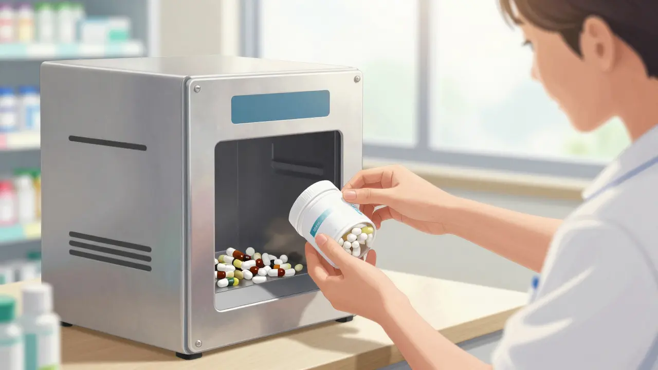 Person depositing old medicine into a pharmacy take-back kiosk