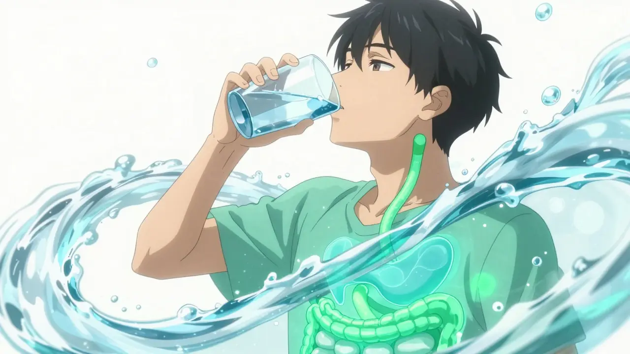 Person drinking a large glass of water with glowing teal currents symbolizing healthy digestion.