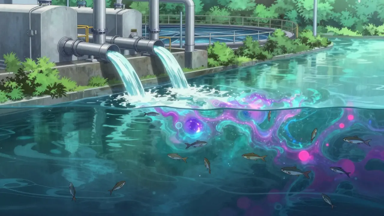 Pharmaceutical pollutants as glowing clouds in a river affecting fish in anime style.