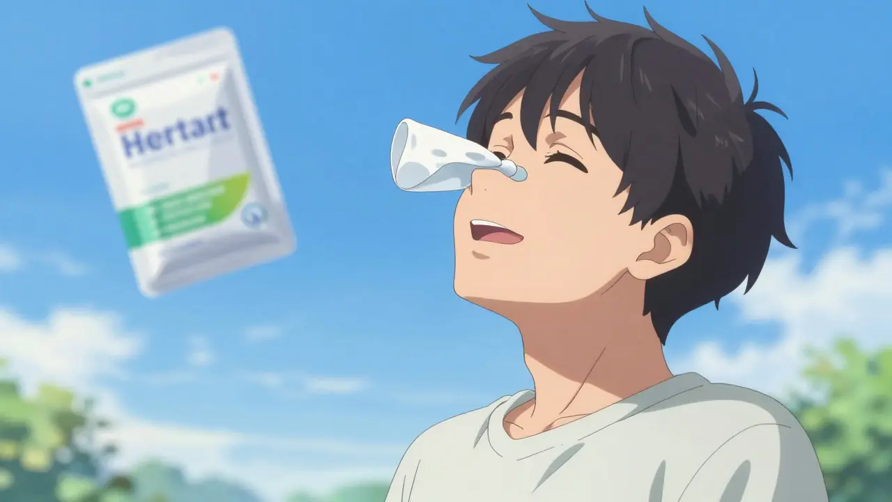 Refreshed person breathing clear air under a bright blue sky