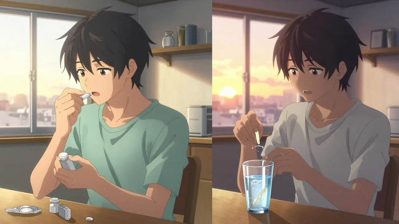 Split screen showing a person taking medication in the morning and fiber in the evening.