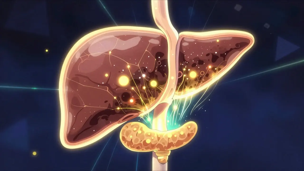 Stylized anime depiction of fat leaving the liver and pancreas to restore function.
