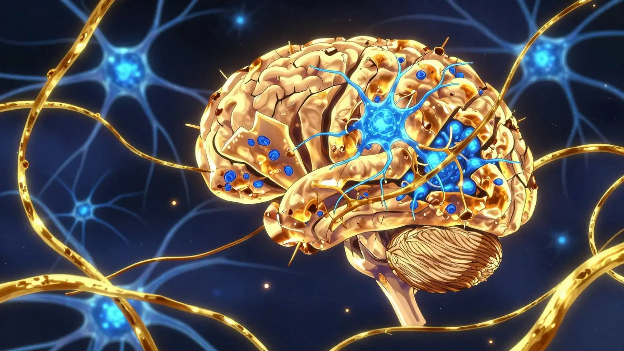Surreal anime depiction of amyloid plaques and tau tangles in the brain