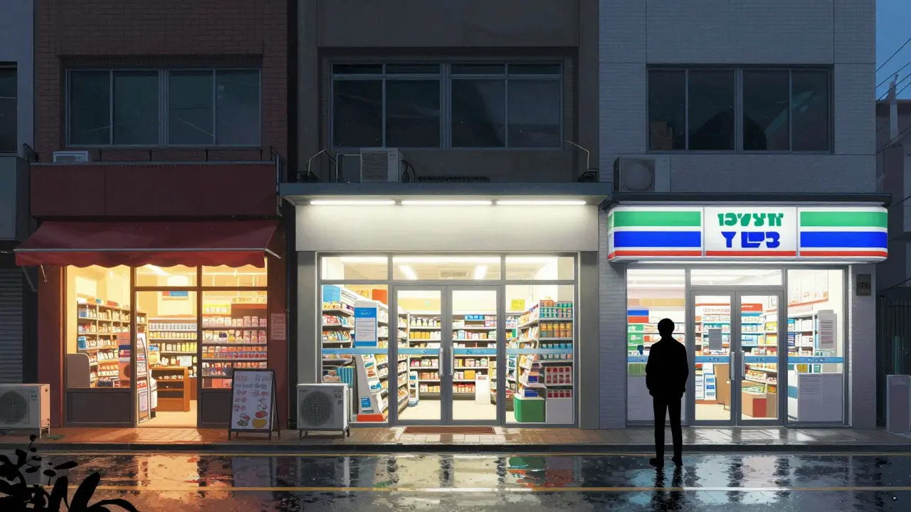 Three different pharmacy storefronts shown in an anime street scene