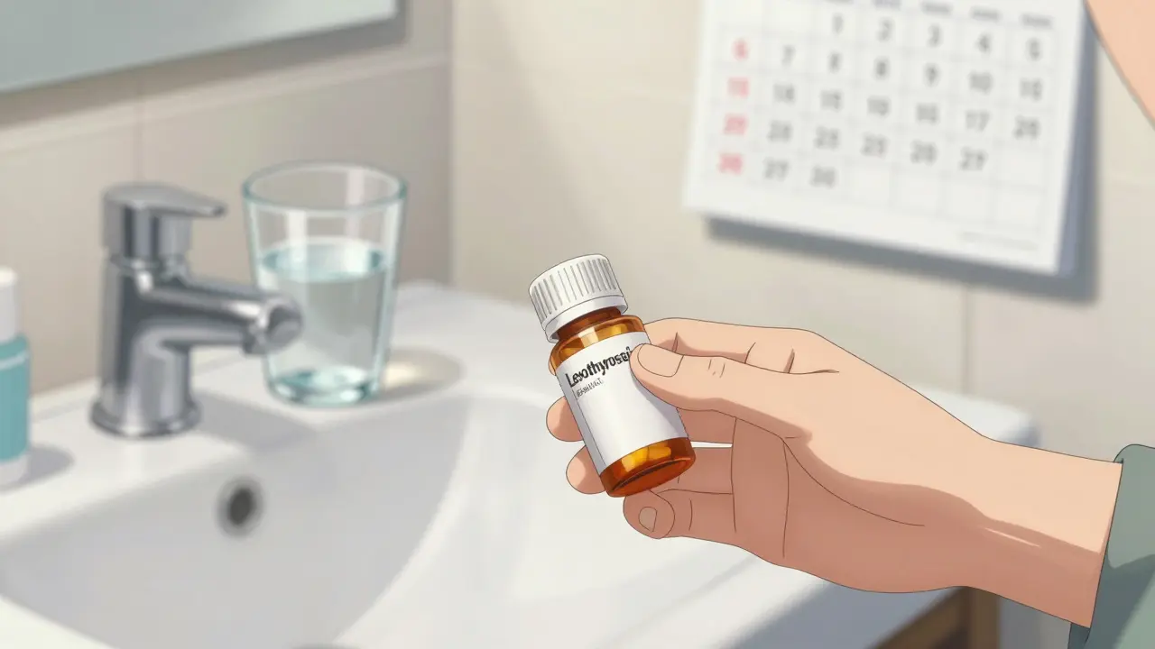 Anime character taking thyroid medication with water at a sink