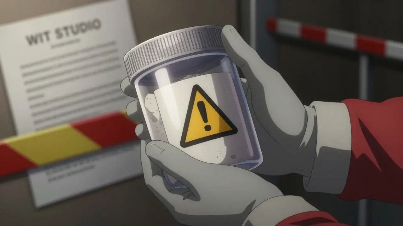 Anime gloved hands holding chemicals with warning symbols for safety.