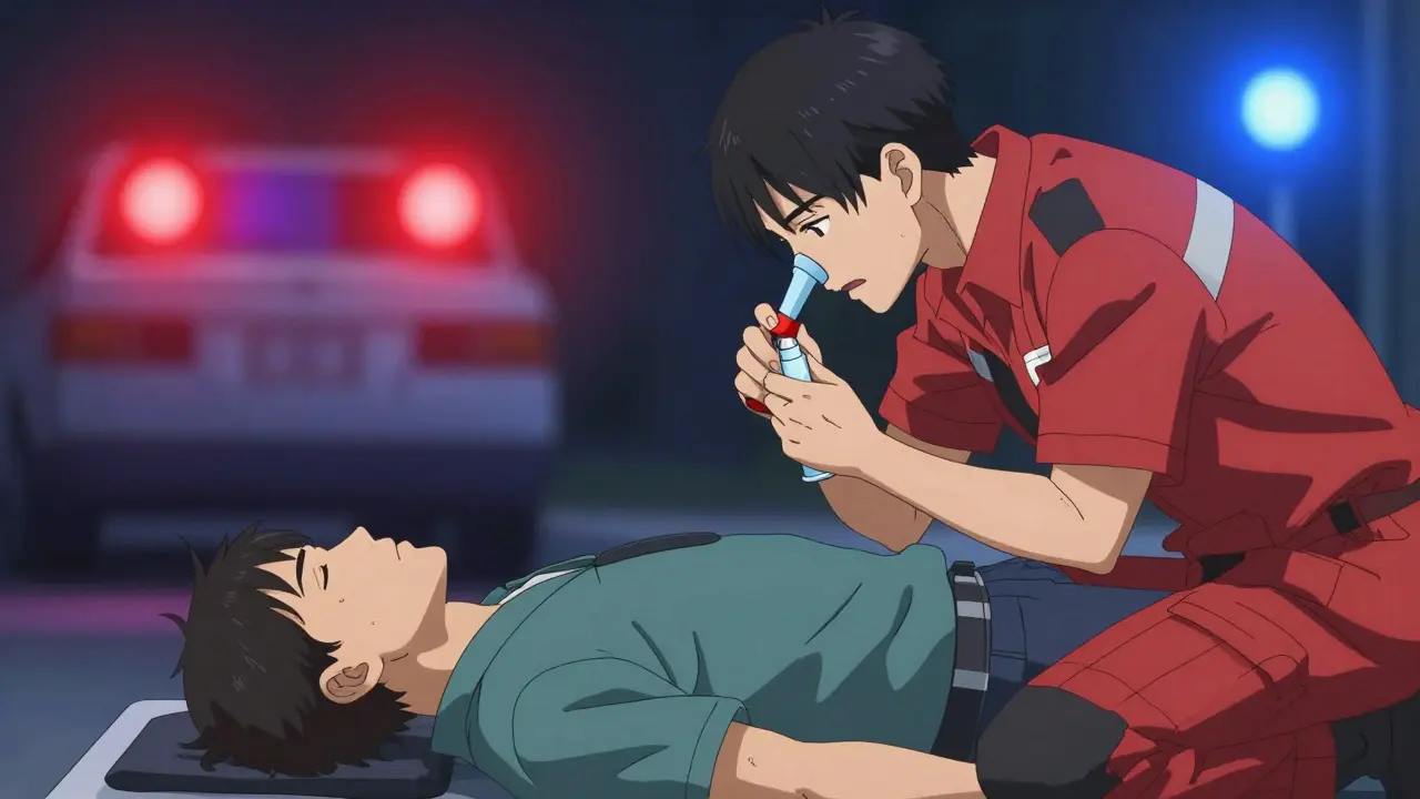 Anime illustration of someone administering naloxone nasal spray to an unconscious person.