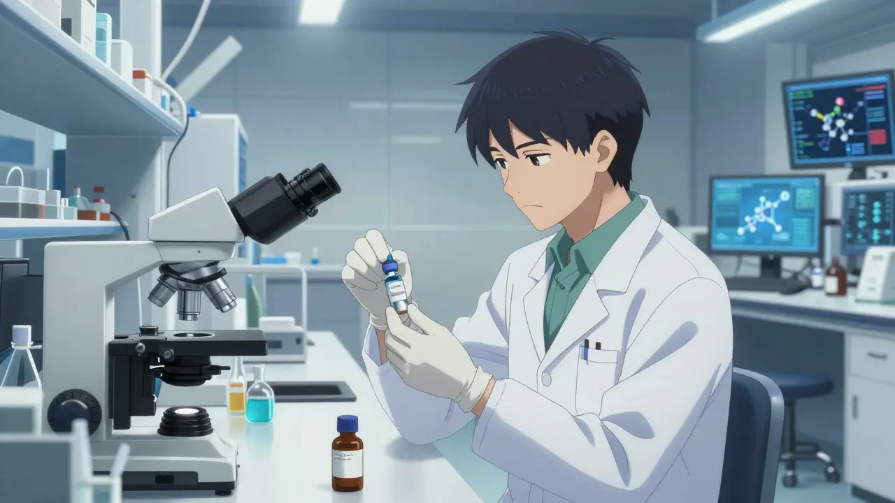 Anime researcher handling lab vials safely in a sterile modern laboratory.