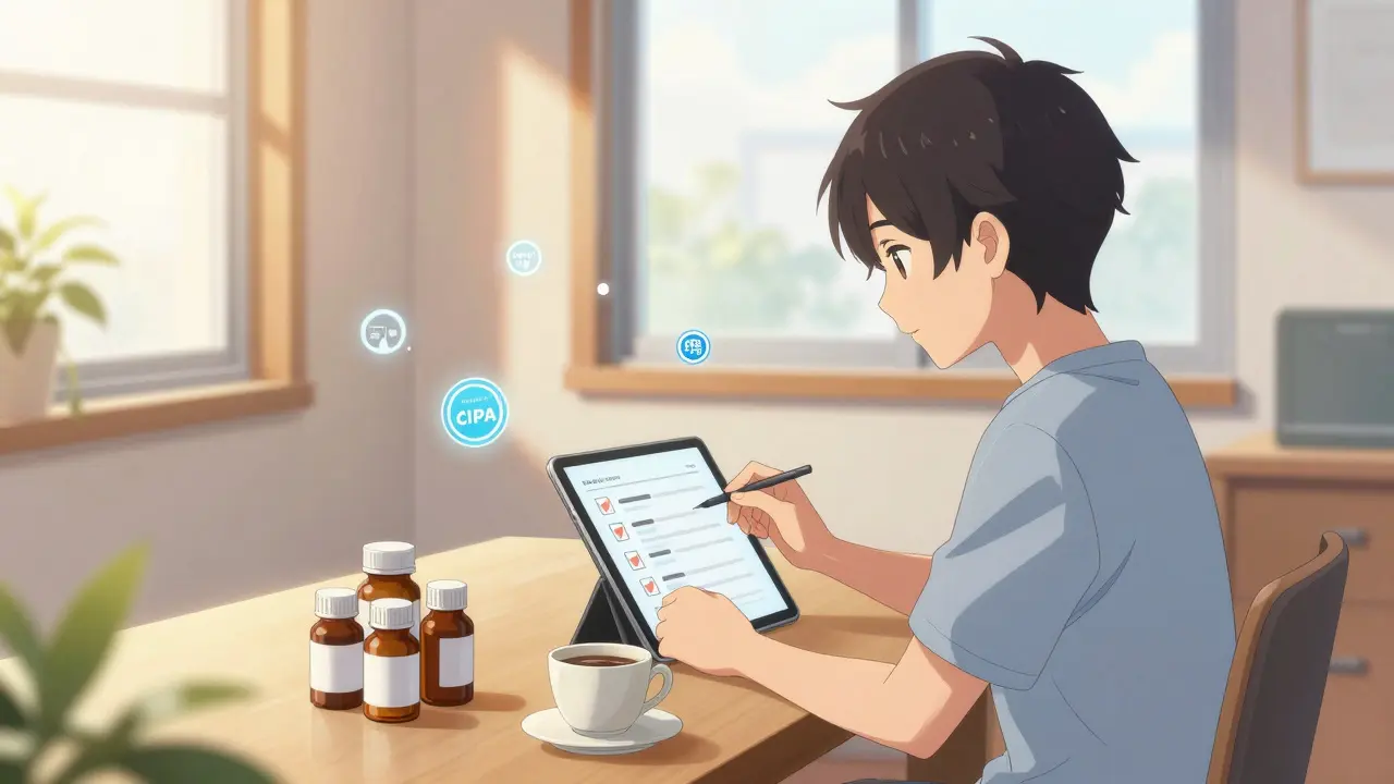 Calm person reviewing safe online pharmacy options at home