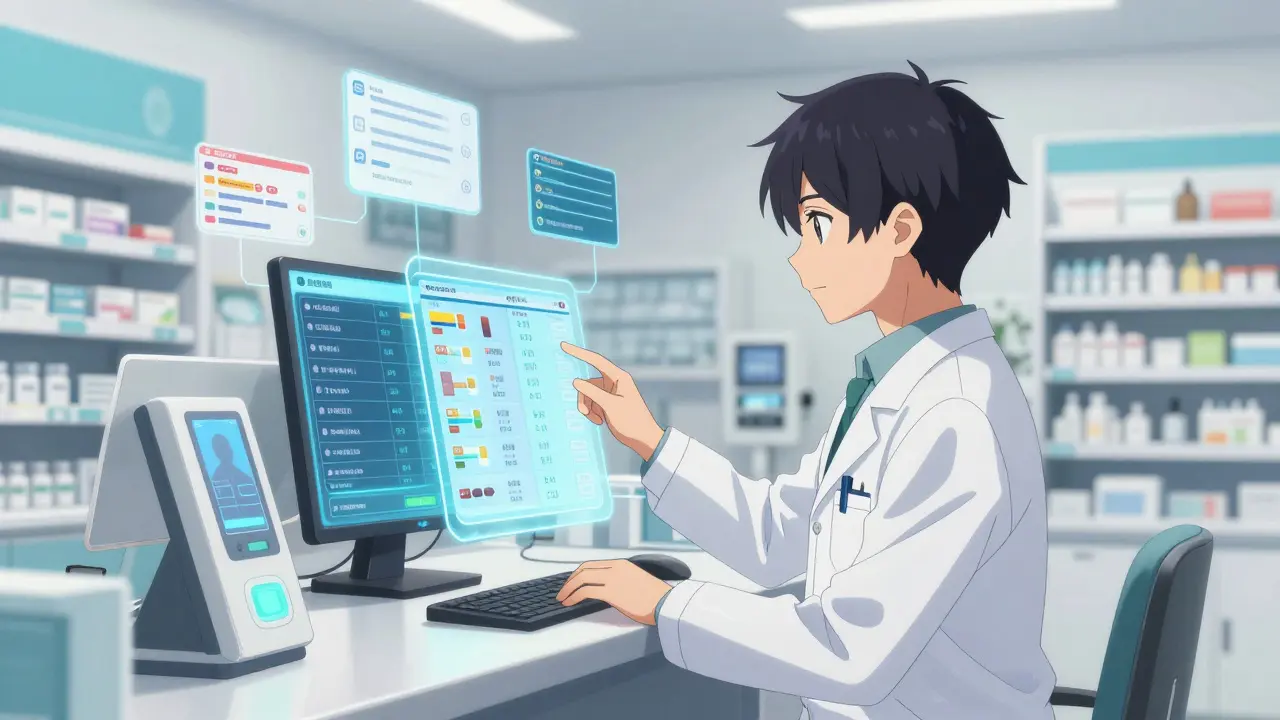 Futuristic pharmacy interface showing automated medication validation checks.