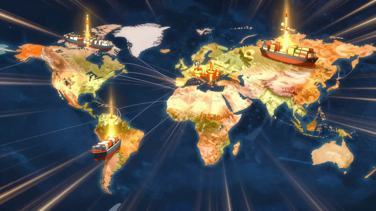 Global map highlighting emerging pharma markets with glowing trade routes.