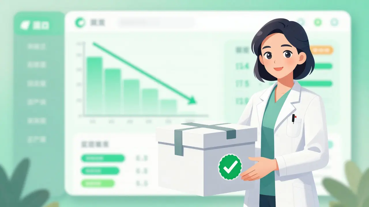 Illustration of safe online pharmacy delivery with price savings graphics.