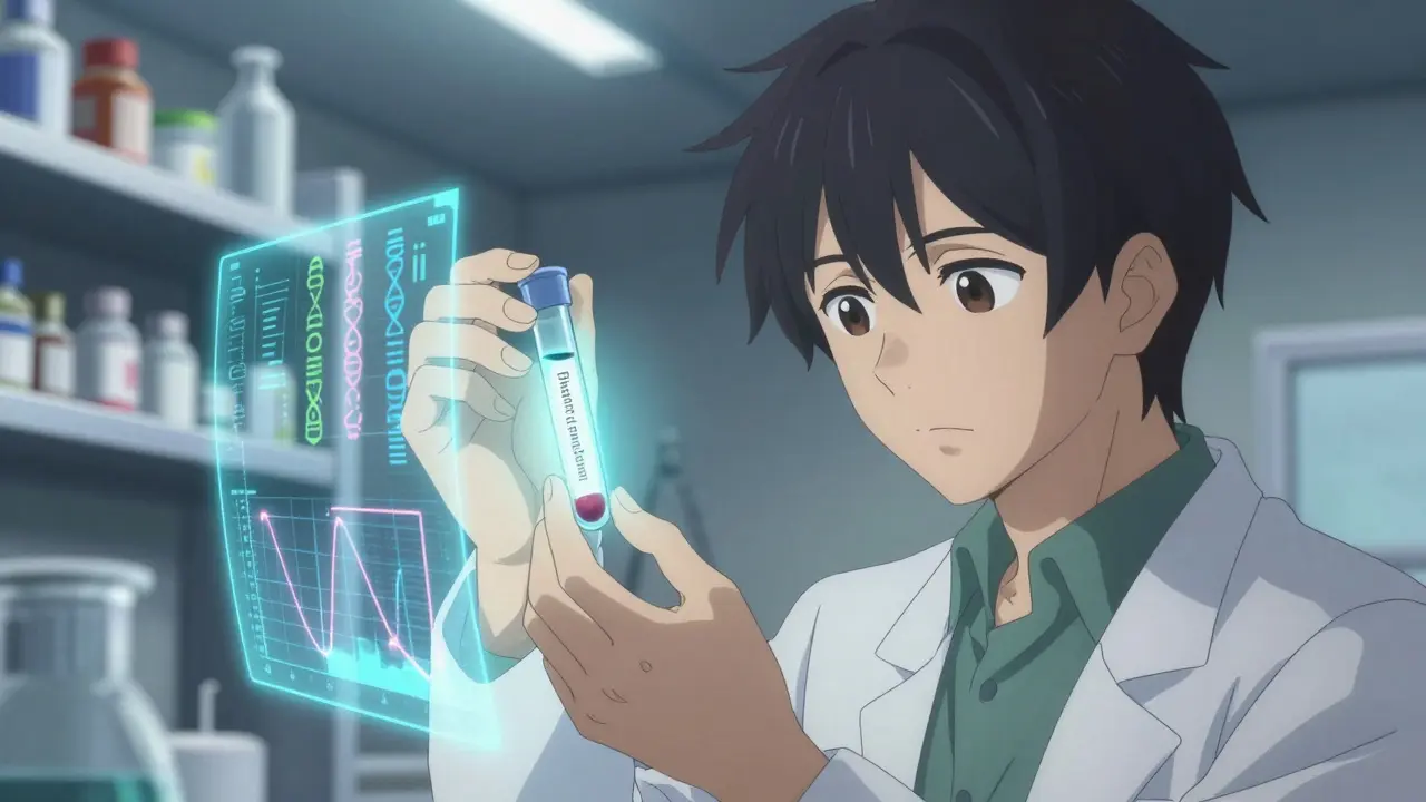 Lab scientist monitoring blood levels with holographic data