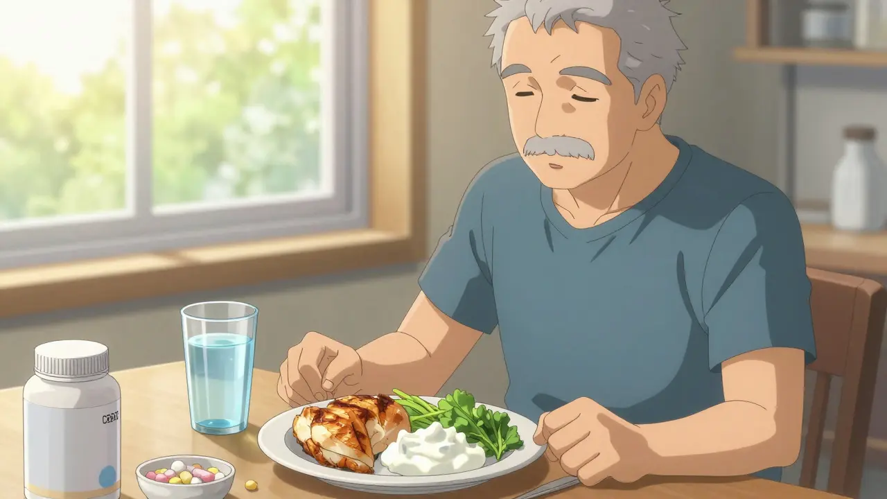 Older man eating protein-rich meal post-workout to support muscle recovery.