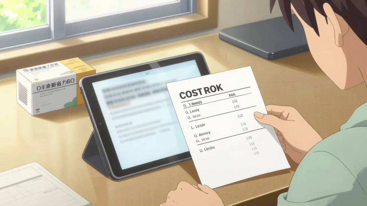 Person comparing medication prices at home desk