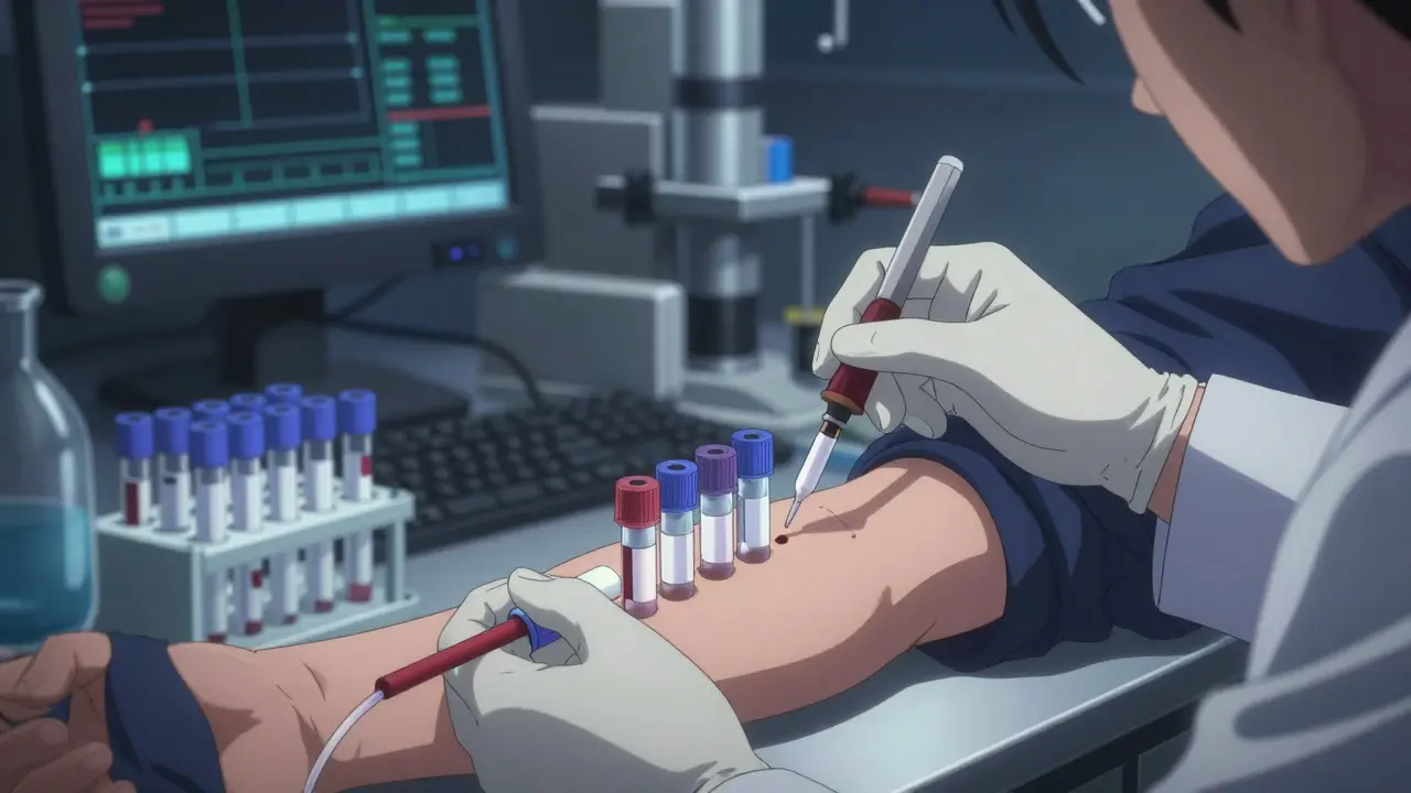 Researcher collecting blood samples from a volunteer for drug analysis.