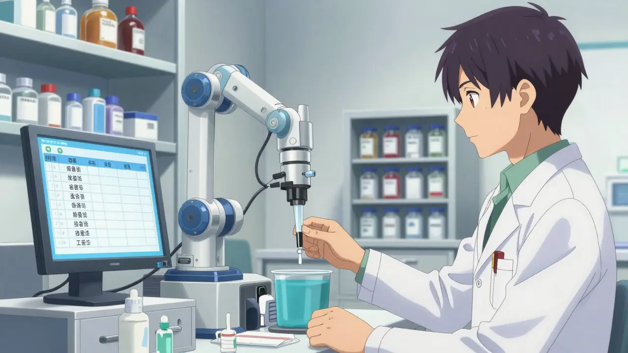 Robotic arm preparing IV medication while a pharmacist supervises closely.