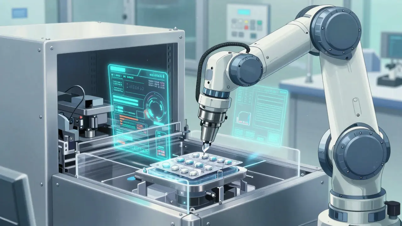 Robotic arm sealing medicine in a high-tech isolator chamber